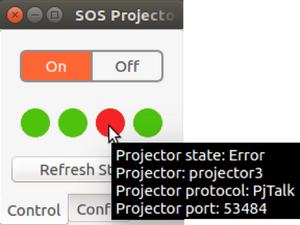 The cursor hovers over the third projector indicator, revealing a tooltip indiciating that the project encountered an error