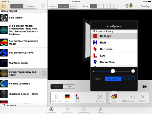 Screenshot of the SOS Remote app in annotation mode. The Icon Options dialog is open and displays a list of available icons above a slider to control the size of the icon