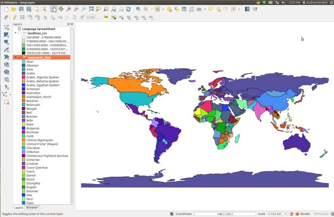 QGIS displays a map of the world with each country colored differently