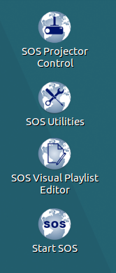 Four desktop icons: SOS Projector Control, SOS Utilities, SOS Visual Playlist Editor, and Start SOS