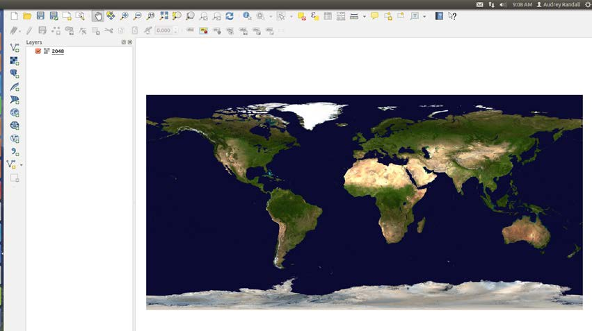 QGIS displays a rectangular image of earth displaying low-vegetation areas in a yellowish-brown and high vegetation areas in green