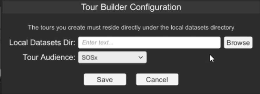 The Tour Builder Configuration dialog provides a file chooser to select the directory containing the SOSx datasets on your computer, and a dropdown menu to select a Tour Audience