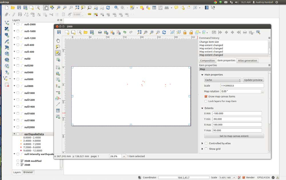 Eight small red dots are displayed on a white rectangle in the QGIS print composer window. In the background we can see multiple layers in QGIS that have all been made invisible in the Layers panel