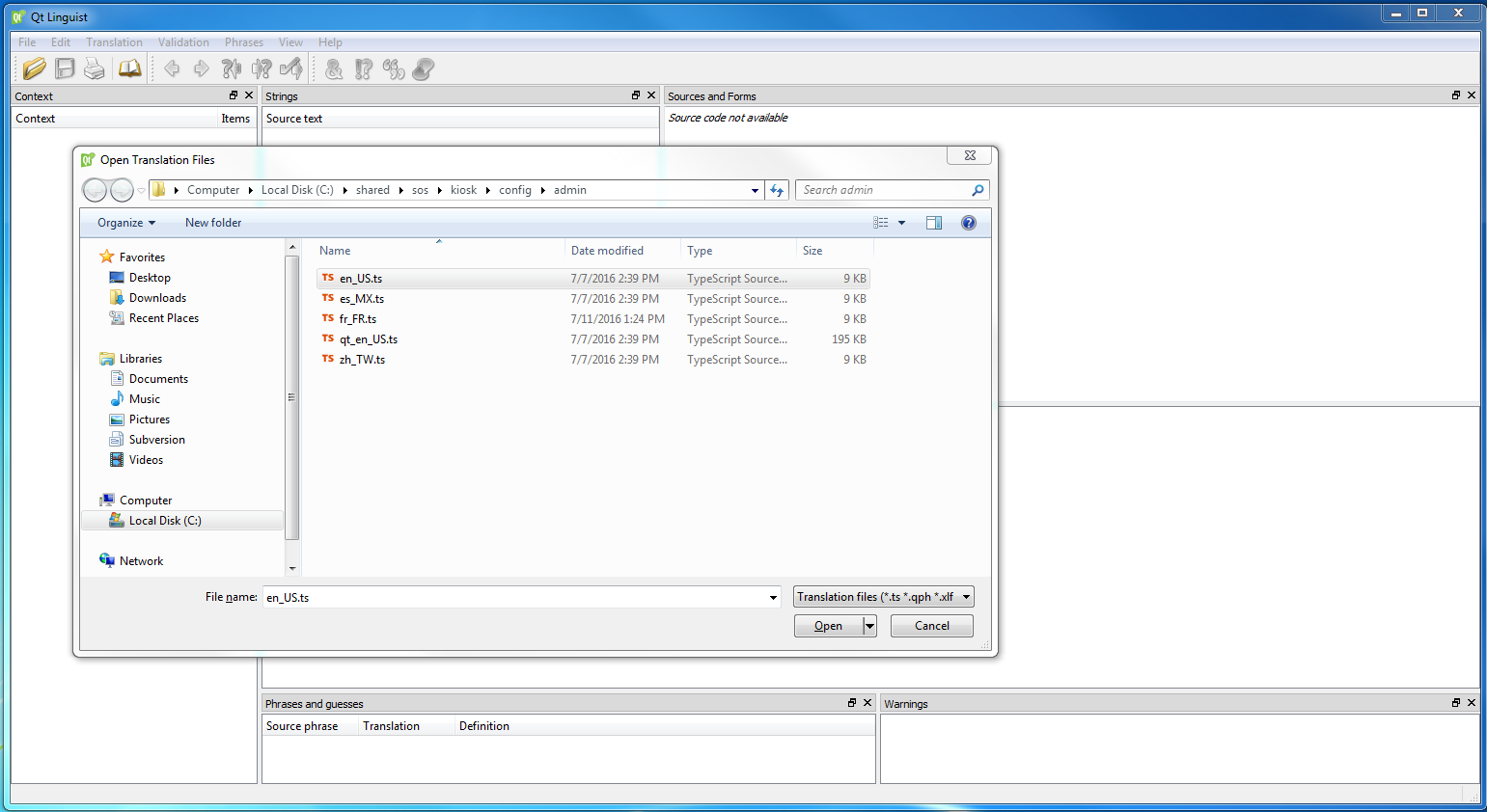 Screenshot of the Qt Linguist file chooser dialog listing kiosk Admin UI translation files