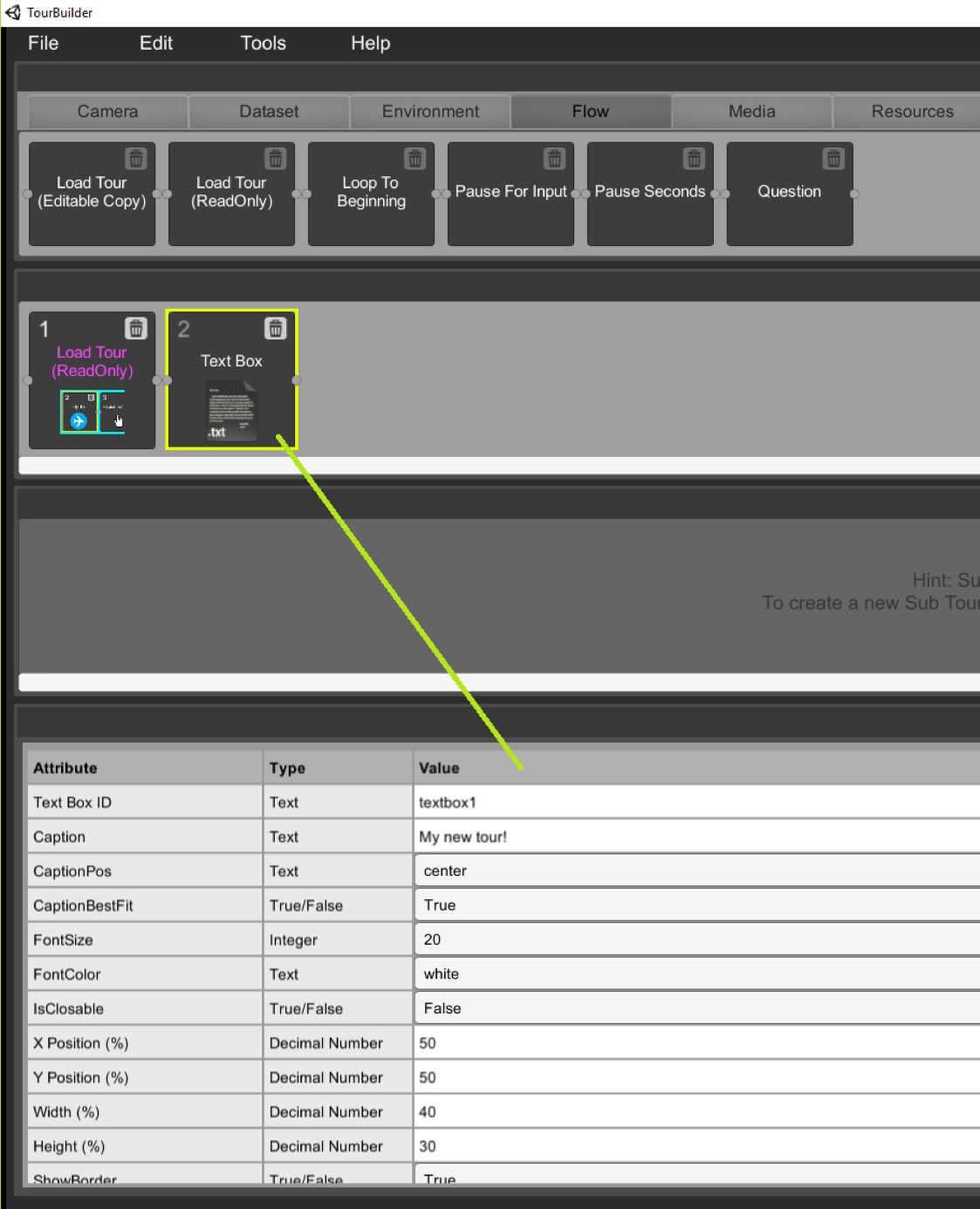 A TextBox task is selected in the main tour timeline, its configuration options are displayed below it