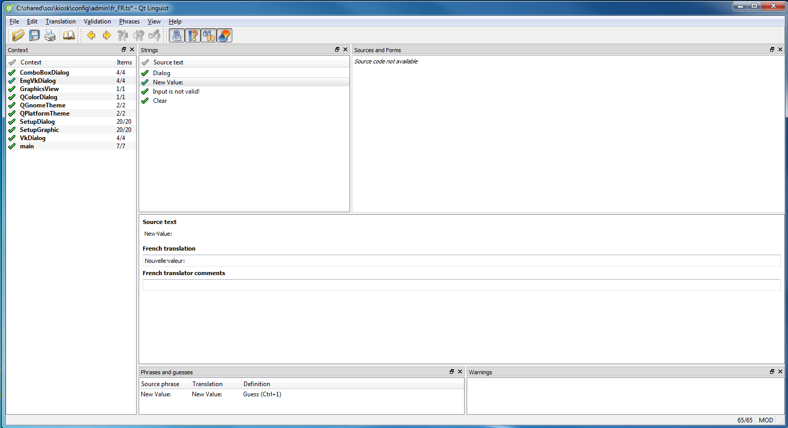 Screenshot of the Qt Linguist window showing context items, source text elements, and the translation pane
