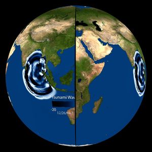 A globe is split vertically down its center by a black line. The same region of Earth — the Arabian Sea and India — are displayed in both halves of the split globe