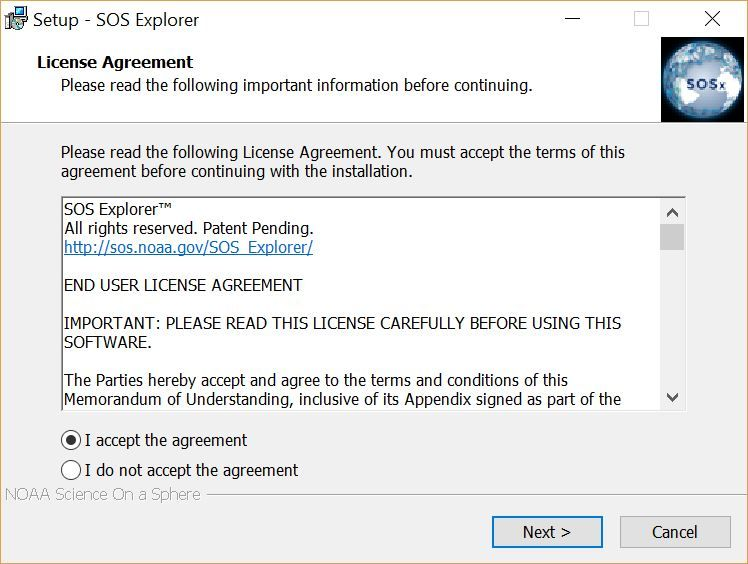 Screenshot of the license agreement dialog for the SOSx installer