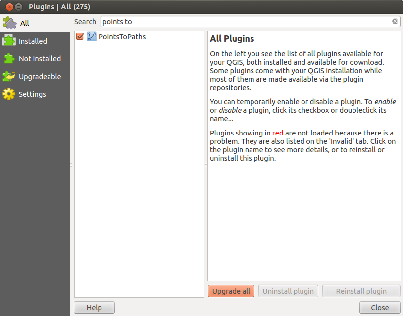 Screenshot of the Plugins window after the PointsToPath plugin is installed