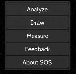 The image shows SOS Explorer® tool menu. It contain Analyze, Draw, Measure, Feedback and About SOS Button