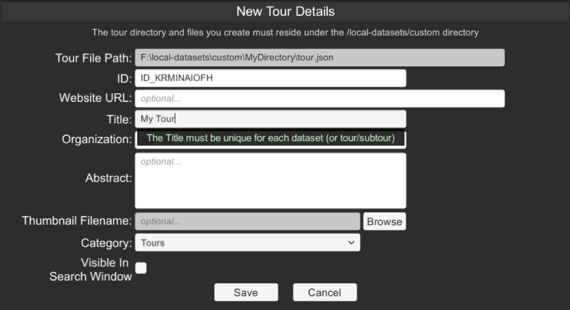 The New Tour Details dialog has fields for a Website URL, Title, Organization, Abstract, Thumbnail Filename, Category, and a toggle for Visible in Search Window