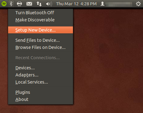 Screenshot of the bluetooth menu opened from the Ubuntu menu bar. Setup New Device is third from the top