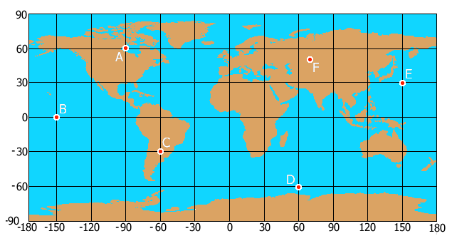 A map of the Earth showing lines of longitude and latitude every 30 degrees