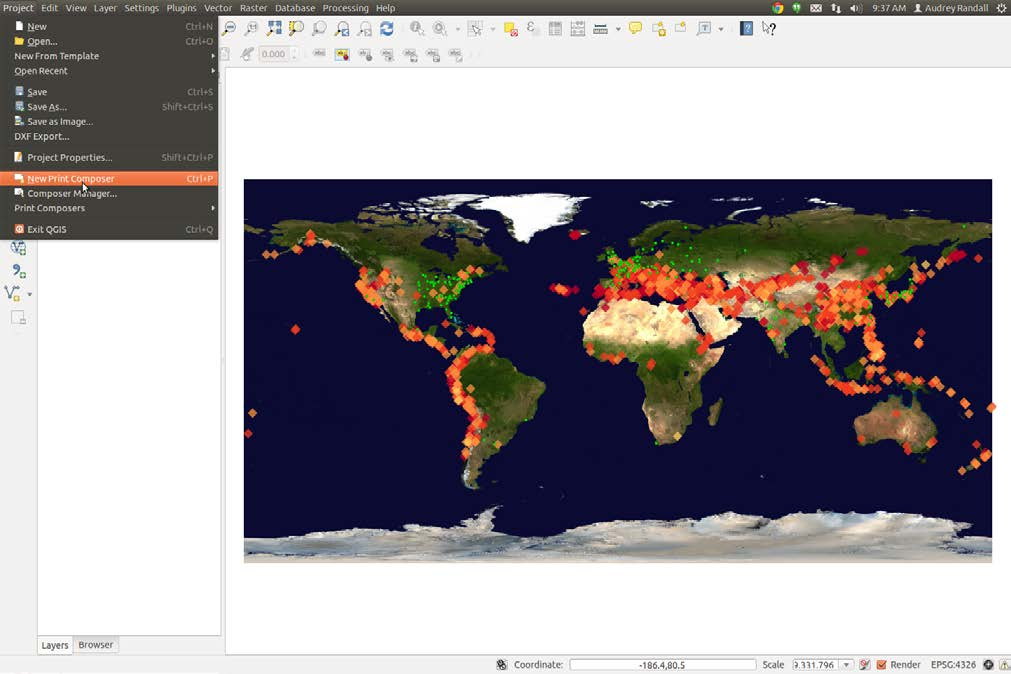 Screenshot of the QGIS Project menu with the mouse hovering over the New Print Composer option