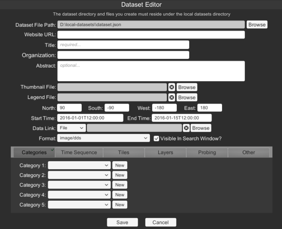 The Dataset Editor provides inputs for the fields used to define a new dataset. Additional information is provided in six separate tabs. The categories tab initially displays five category inputs for your new dataset