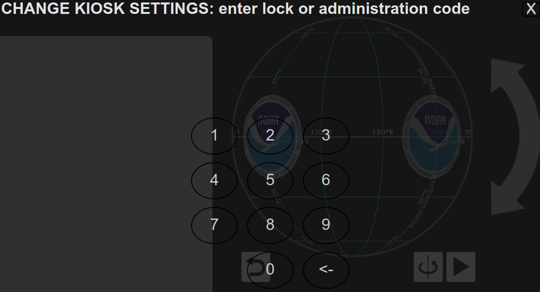 Screenshot of the Public Kiosk keypad. It says: CHANGE KIOSK SETTINGS: enter lock or administration code