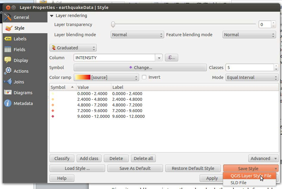 Screenshot of the Style tab in the Layer Properties dialog with the Save Style menu button over and the mouse hovering over the QGIS Layer Style File option