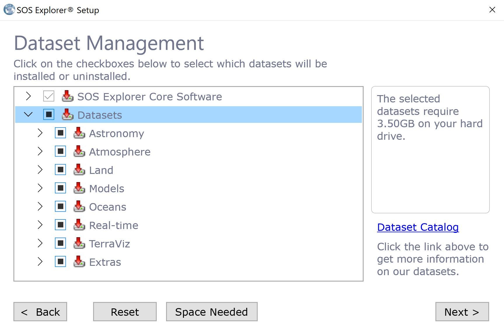 Shows the SOS Explorer® Dataset Management Screen. Select which datasets you 
    want.