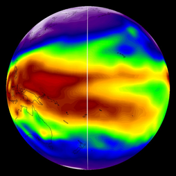 A vertical white line divides a visualization projected on the sphere in two