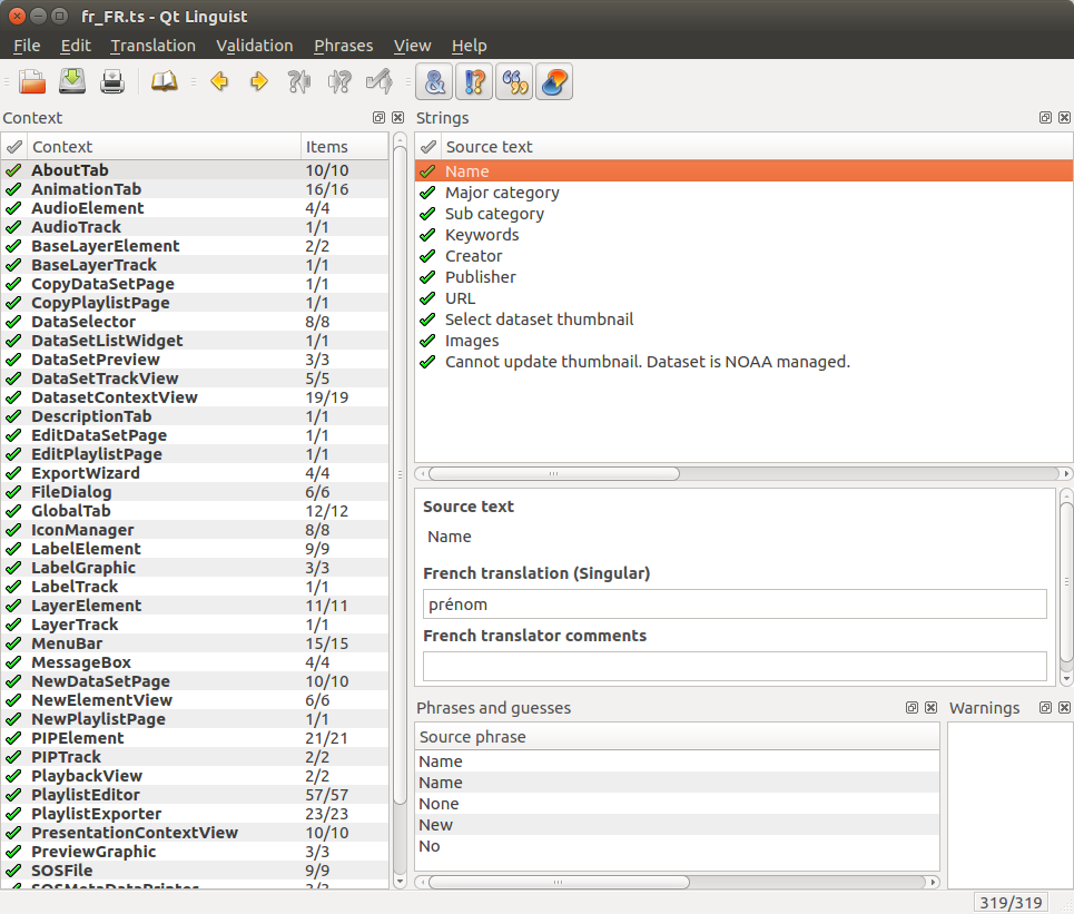 Screenshot of the Qt Linguist window showing context items, source text elements, and the translation pane