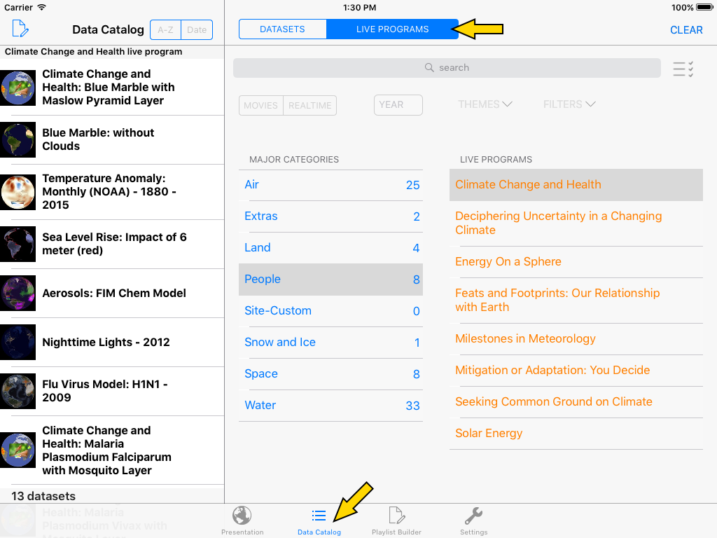 The "Data Catalog" tab is the second item at the bottom of the iPad screen. Once selected, a toggle becomes available at the top where you'll find the "Live Programs" button. Major categories and live programs are then displayed in the center of the screen.
