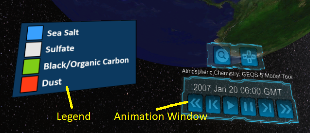 Two panels, one containing a legend and one containing playback controls, are displayed when a dataset is selected