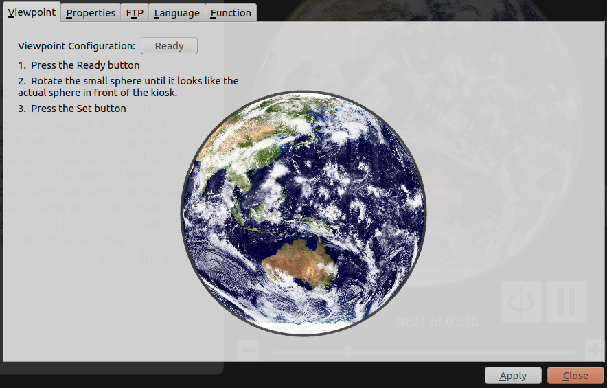 The Viewpoint tab displays a satellite image of the earth and instructions for how to configure the position of images on the kiosk
