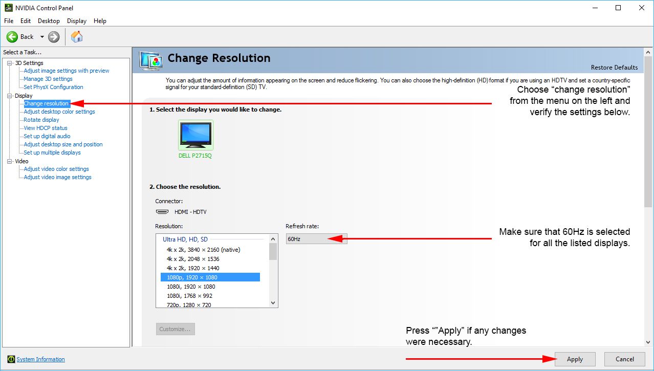 Annotated screenshot of the NVIDIA control panel