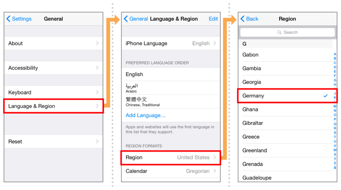 In iOS General settings select “Language & Region”, then select “Region”, then select the country or region of your choice. In this example, we choose “Germany”