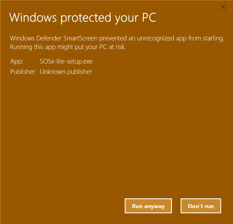 Screenshot of a Windows dialog stating, Windows protected your PC. Windows Defender SmartScreen prevented an unrecognized app from starting. Running this app might put your PC at risk.