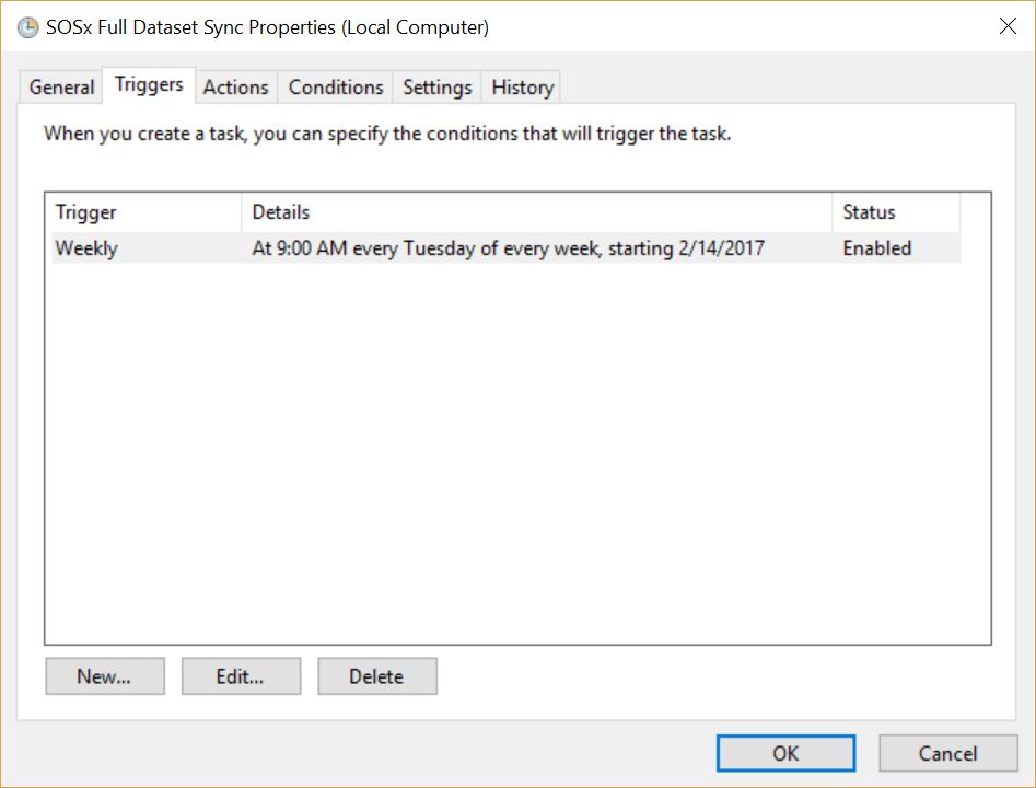 The triggers tab shows the default schedule for syncing SOSx datasets: every Tuesday at 9am