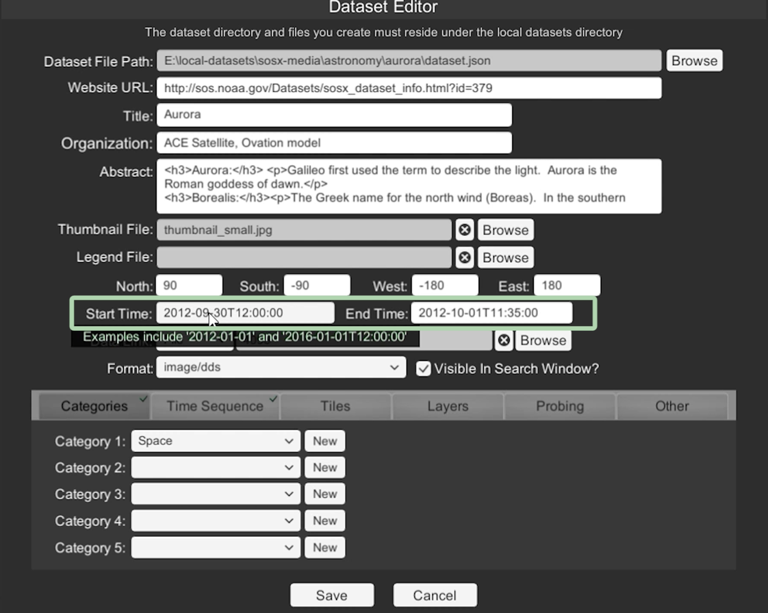 The Aurora dataset opened in the Dataset Editor. The dataset's Start Time is 2012-09-30T12:00:00, and the End Time is 2012-10-01T11:35:00