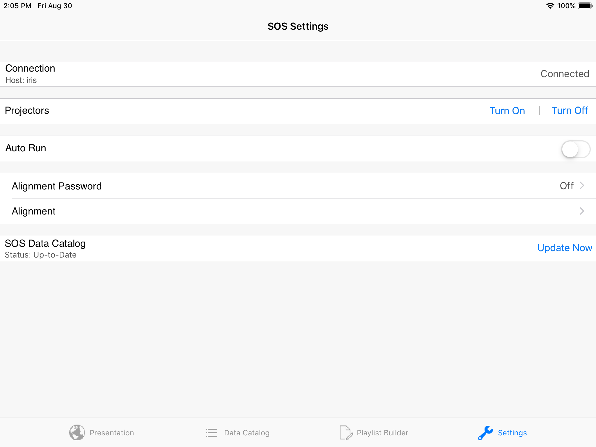 Screenshot of the Settings tab in the SOS Remote app