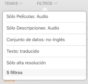 Screenshot of the data catalog filter menu translated to Spanish. It includes a new filter option: “Texto: traducido”