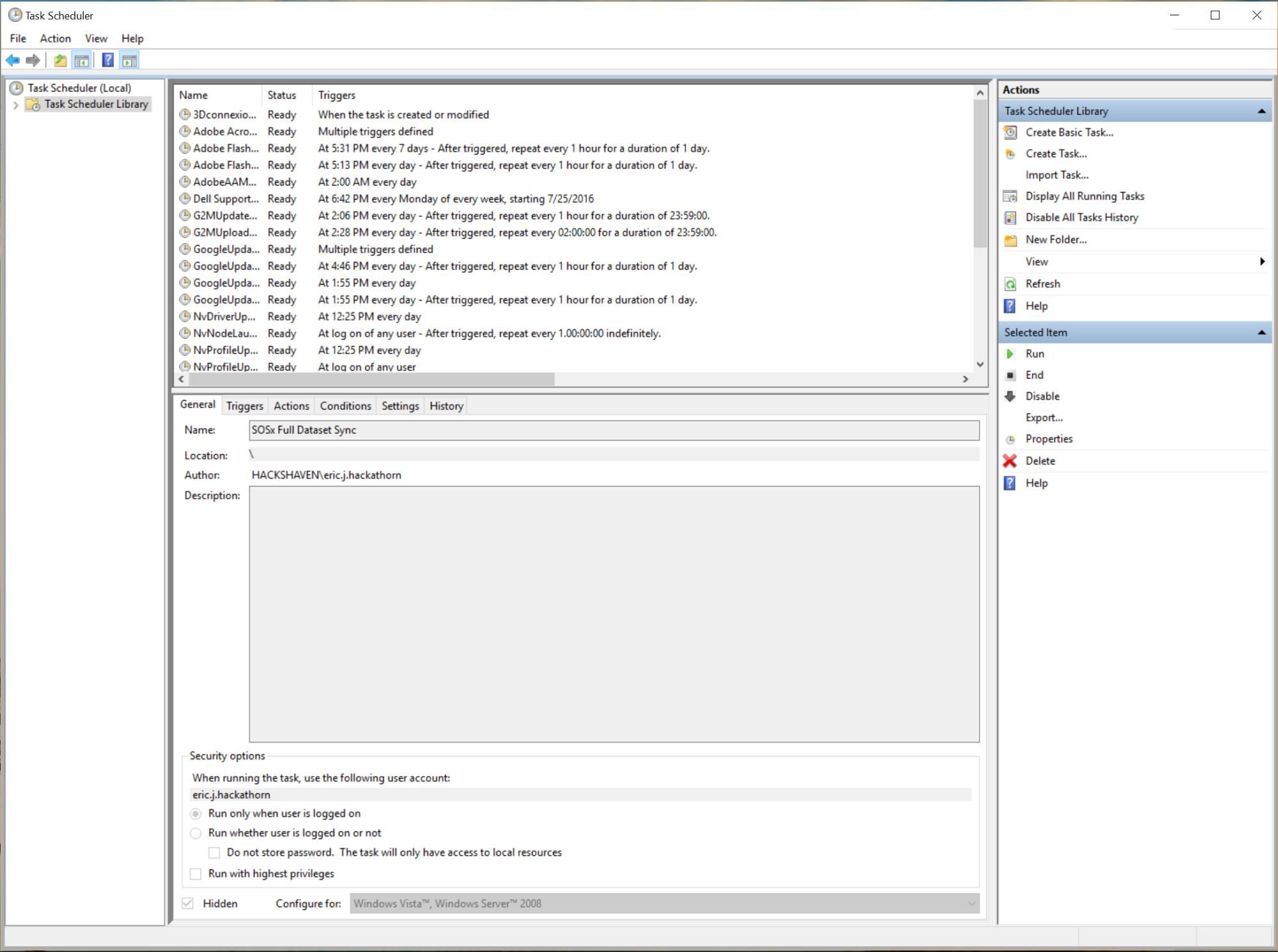 Details for the “SOSx Full Dataset Sync” task displayed after double-clicking the task name