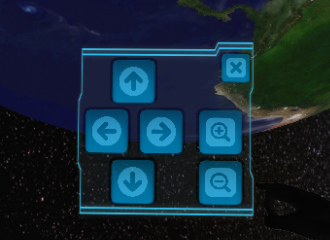 VR navigation controls offer four buttons to rotate the globe up, down, left, and right, and two buttons to zoom in and out. Additionally the navigation panel has a close button