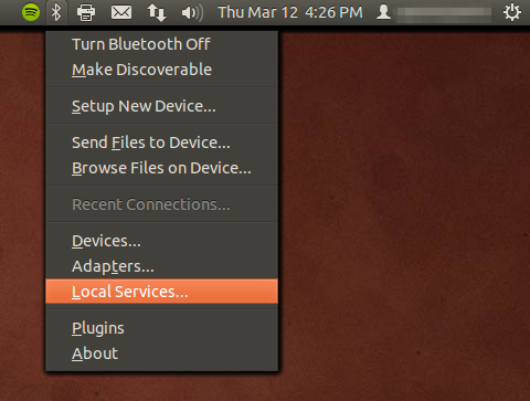 Screenshot of the bluetooth menu opened from the Ubuntu menu bar. Local Services is third from the bottom