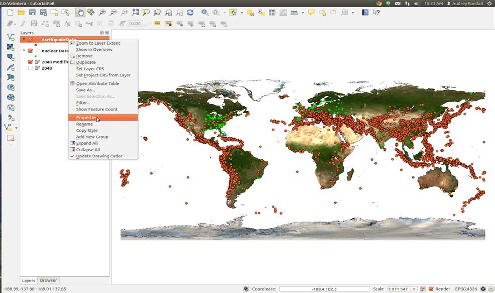 Screenshot of the context menu for the earthquakeData layer in QGIS