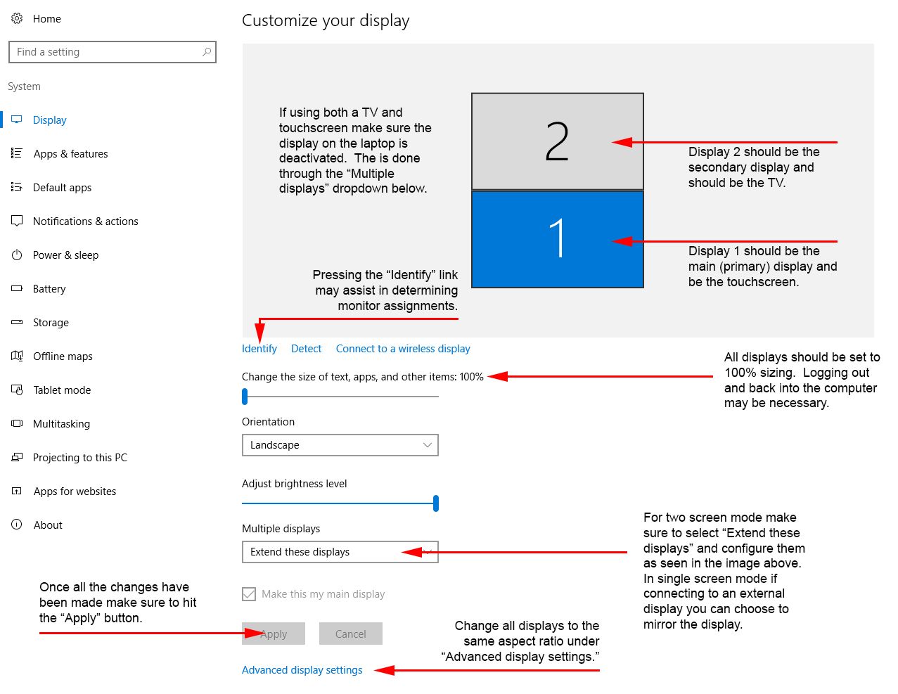 Annotated screenshot of the Windows display settings