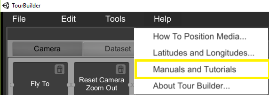 Screenshot of the open Tour Builder Help menu highlighting the Manuals and Tutorials option