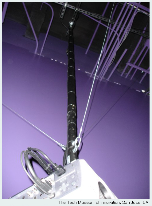 A projector is mounted on a long, telescoping pole that is attached to the ceiling. Two stabilizing wires extend from where the projector is mounted up to the ceiling at different angles
