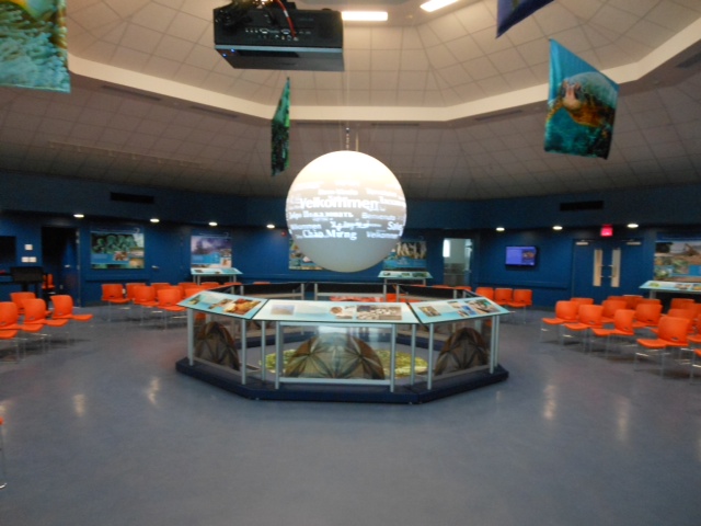 At the National Marine Sanctuary of American Samoa eight placards surround Science On a Sphere in an octagon to keep visitors from reaching the sphere
