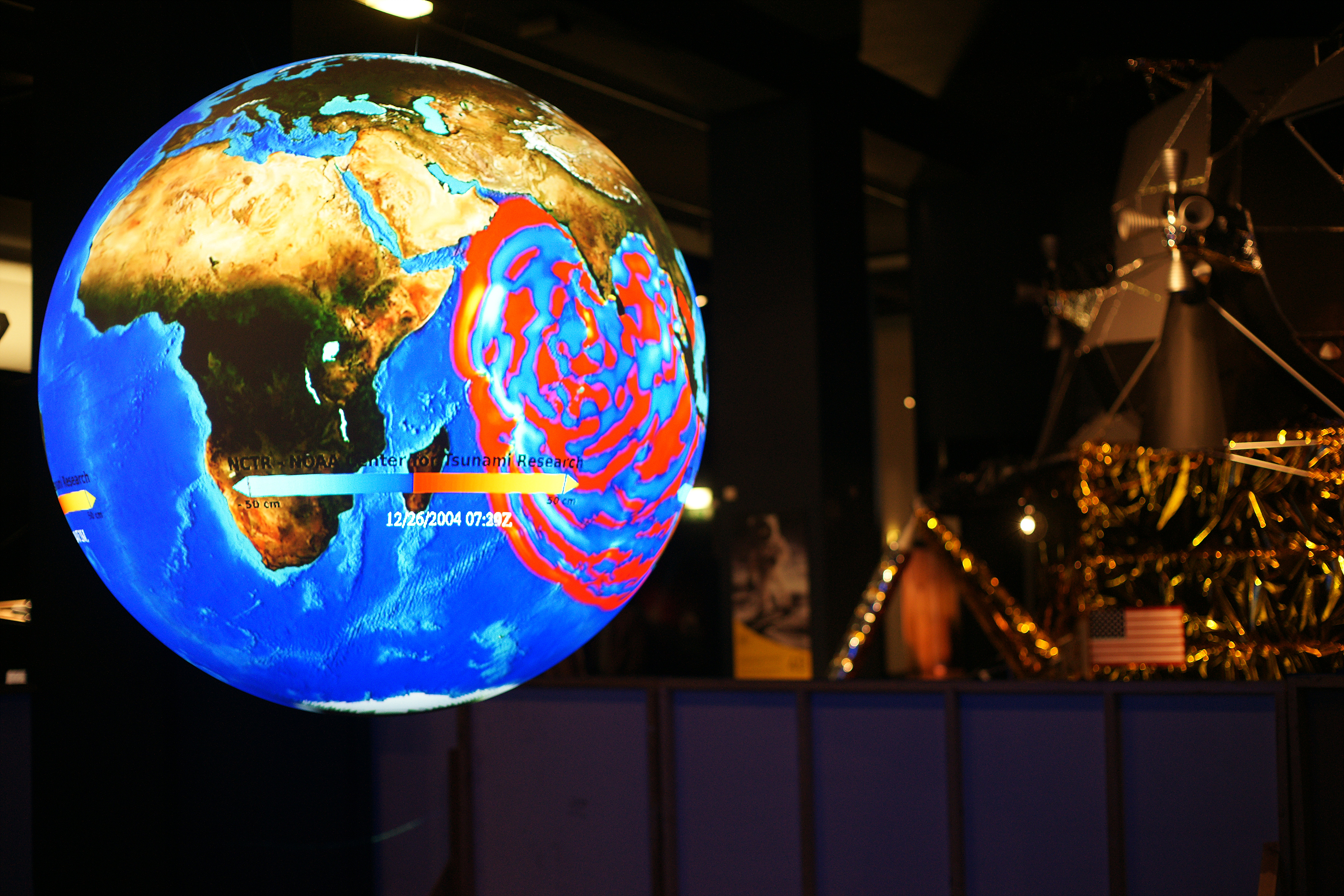 Science On a Sphere displays data from a tsunami in the Indian Ocean