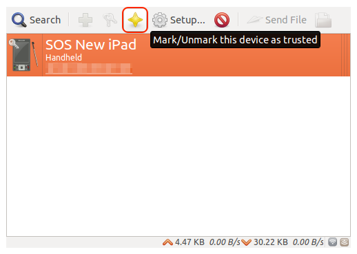 Screenshot of the devices window listing the SOS New iPad. The “mark as trusted” button is represented by a four-pointed yellow star in the toolbar
