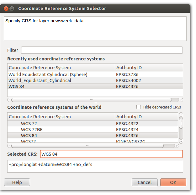 Screenshot of the Coordinate Reference System Selector dialog with the WGS 84 projection selected