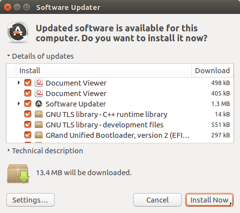 Software Updater lists all of the packages on the computer that can be updated