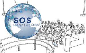 A drawing of students looking a globe suspended from the ceiling