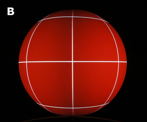 A red background with white grid lines is projected onto the sphere. It is impossible to tell that you are seeing two different images because the grid lines line up exactly