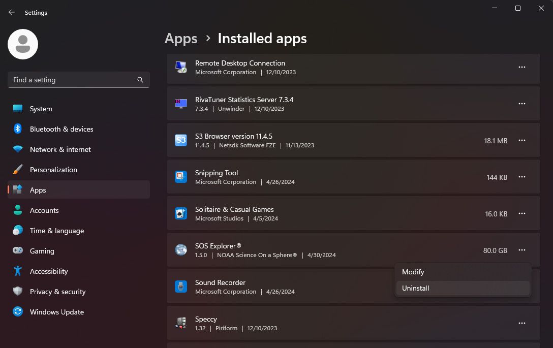 Shows the Installed Apps screen on Windows 11.