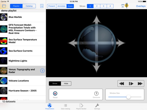 In zoom mode the main area of the SOS Remote app shows the image of the earth with arrows pointing up, down, left, and right on it